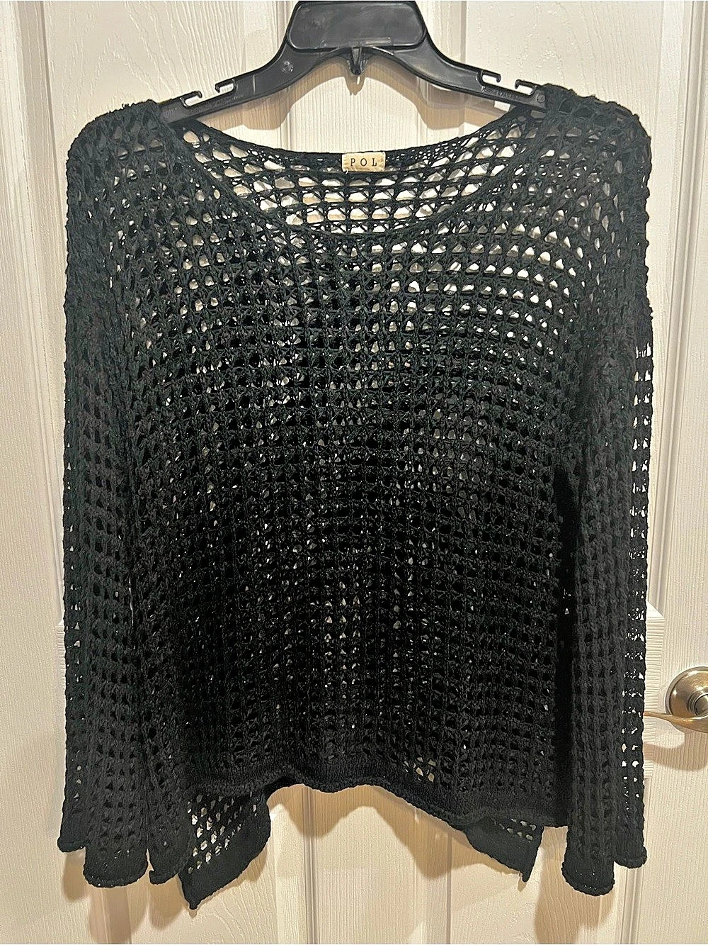 POL Crochet Long Sleeve Open Knit Coverup Top in Black